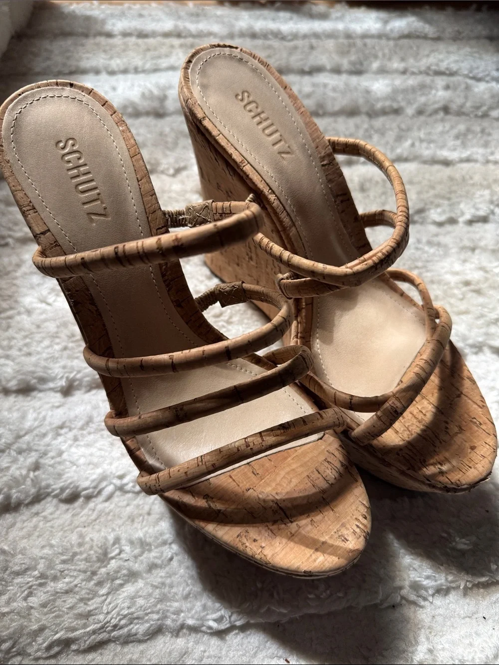 SCHUTZ Cork Multi-Strap Wedge Sandals in Natural